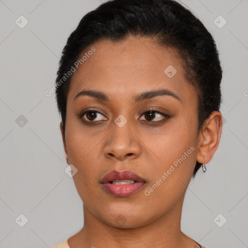 Neutral asian young-adult female with short  brown hair and brown eyes