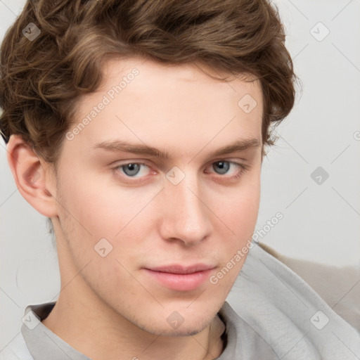 Neutral white young-adult male with short  brown hair and grey eyes