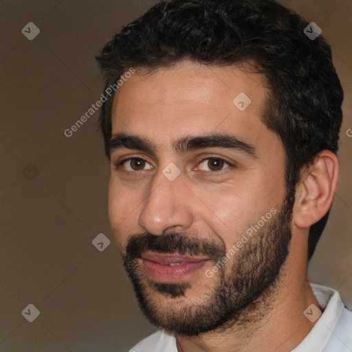 Joyful white young-adult male with short  black hair and brown eyes