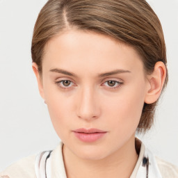 Neutral white young-adult female with medium  brown hair and brown eyes