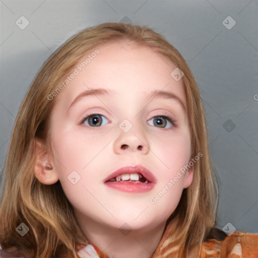 Neutral white child female with medium  brown hair and blue eyes