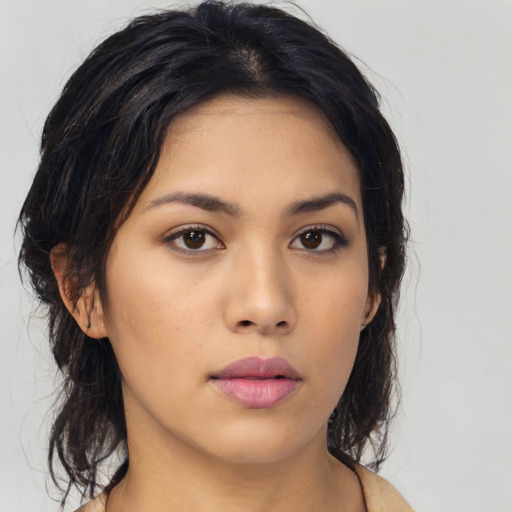 Neutral asian young-adult female with medium  black hair and brown eyes