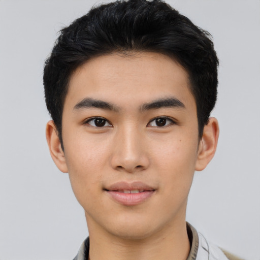 Neutral asian young-adult male with short  black hair and brown eyes