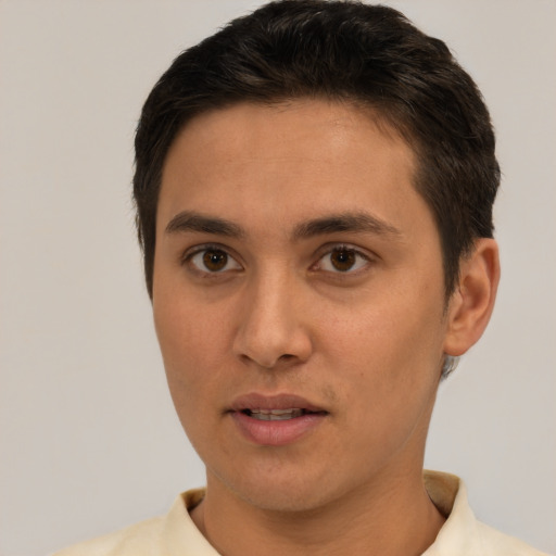 Neutral white young-adult male with short  brown hair and brown eyes