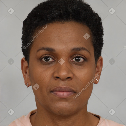 Neutral black young-adult female with short  brown hair and brown eyes