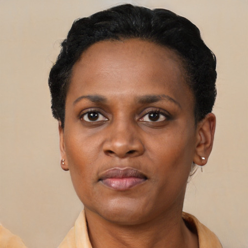 Neutral black young-adult female with short  black hair and brown eyes