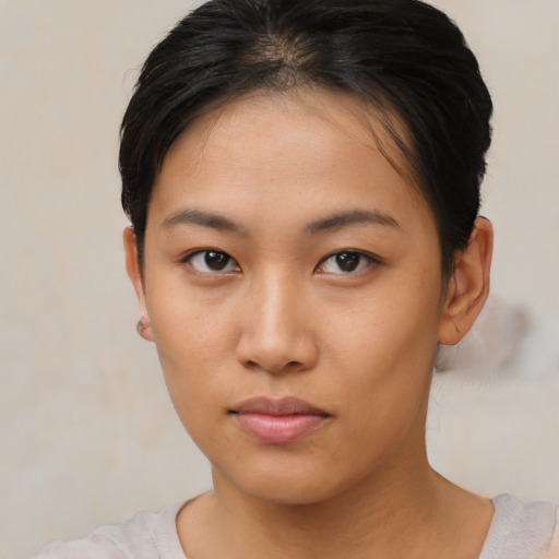 Neutral asian young-adult female with short  brown hair and brown eyes