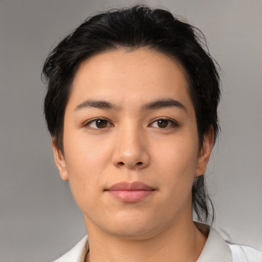 Neutral asian young-adult female with medium  black hair and brown eyes