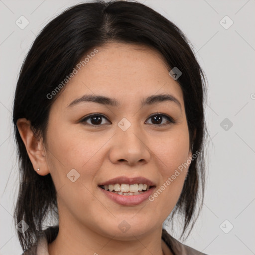 Joyful white young-adult female with medium  brown hair and brown eyes