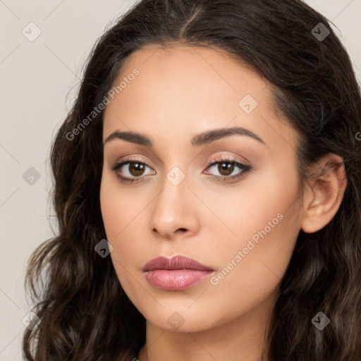 Neutral white young-adult female with long  brown hair and brown eyes