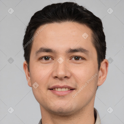 Joyful white young-adult male with short  black hair and brown eyes