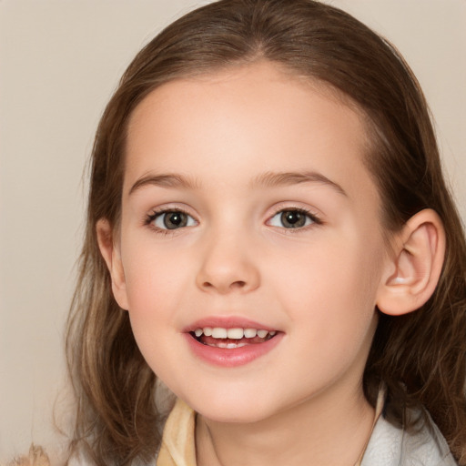 Joyful white child female with medium  brown hair and brown eyes