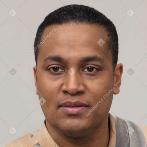 Neutral latino young-adult male with short  black hair and brown eyes