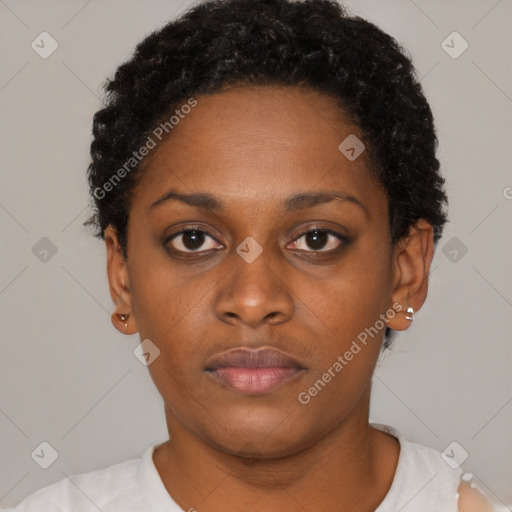 Neutral black young-adult female with short  black hair and brown eyes