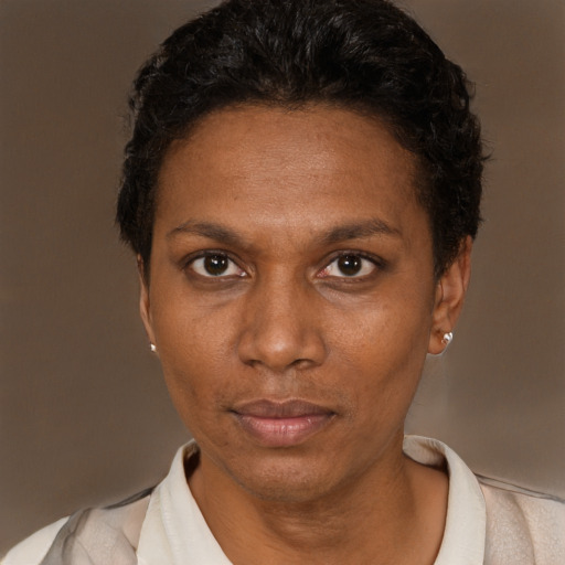 Neutral black adult female with short  brown hair and brown eyes