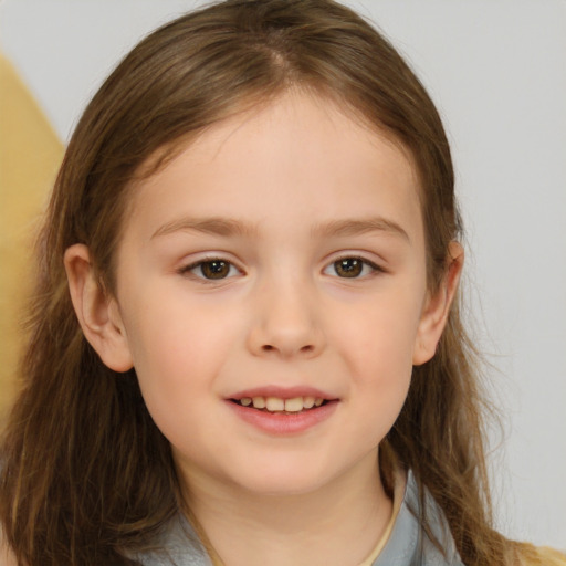 Joyful white child female with medium  brown hair and brown eyes