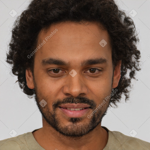 Joyful black young-adult male with short  brown hair and brown eyes