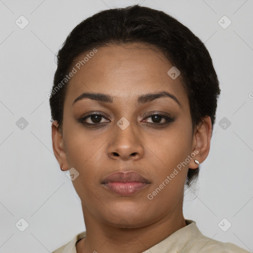 Neutral black young-adult female with short  brown hair and brown eyes