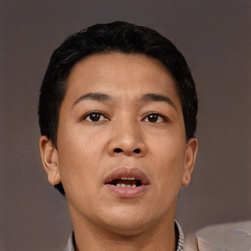 Joyful asian adult female with short  brown hair and brown eyes