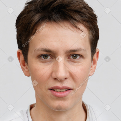 Joyful white young-adult female with short  brown hair and grey eyes