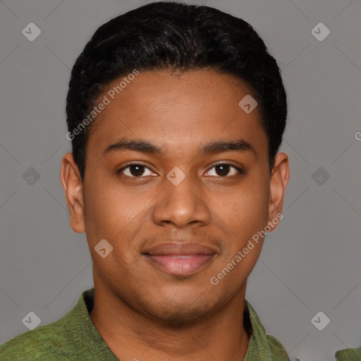 Joyful black young-adult male with short  black hair and brown eyes
