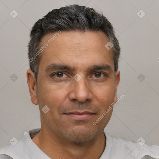 Neutral white adult male with short  brown hair and brown eyes