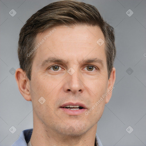 Neutral white adult male with short  brown hair and brown eyes