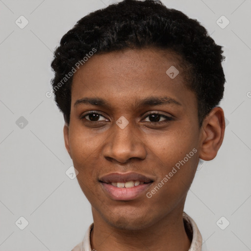 Joyful latino young-adult female with short  black hair and brown eyes