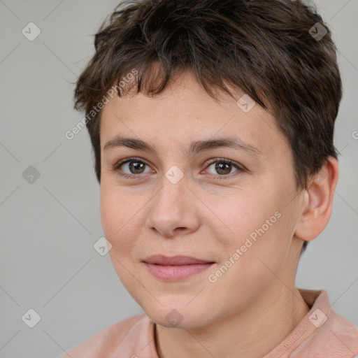 Joyful white young-adult female with short  brown hair and brown eyes