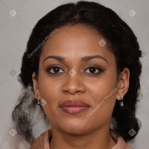 Joyful black young-adult female with medium  brown hair and brown eyes