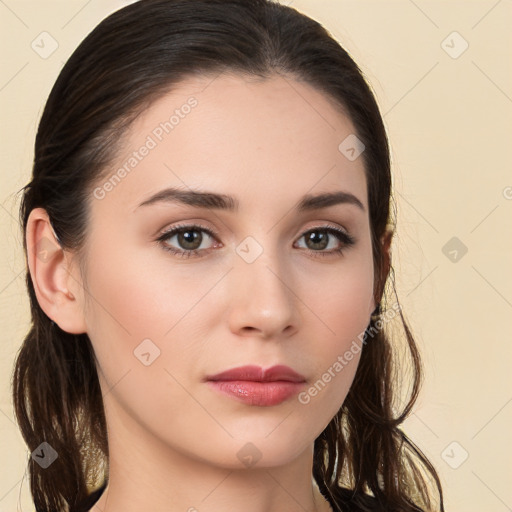 Neutral white young-adult female with long  brown hair and brown eyes