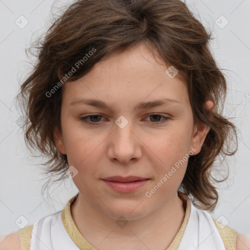 Joyful white child female with medium  brown hair and brown eyes