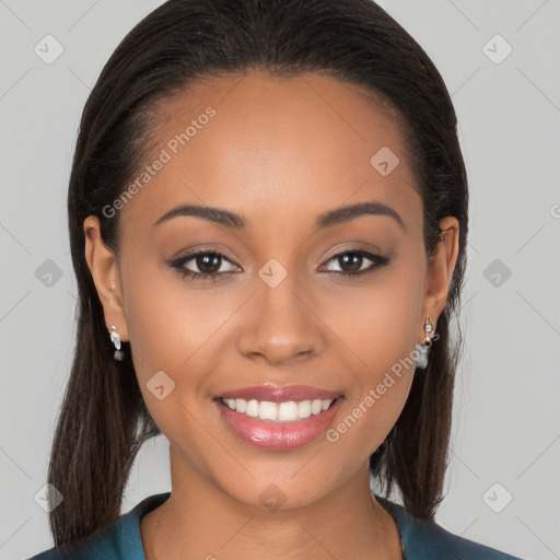 Joyful white young-adult female with long  brown hair and brown eyes