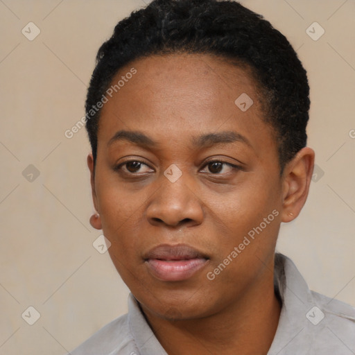 Neutral black young-adult female with short  black hair and brown eyes