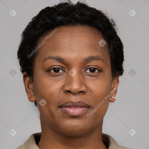 Joyful black adult female with short  brown hair and brown eyes
