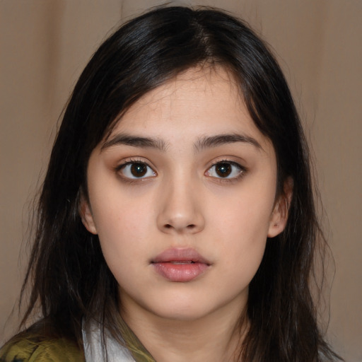 Neutral white young-adult female with medium  black hair and brown eyes