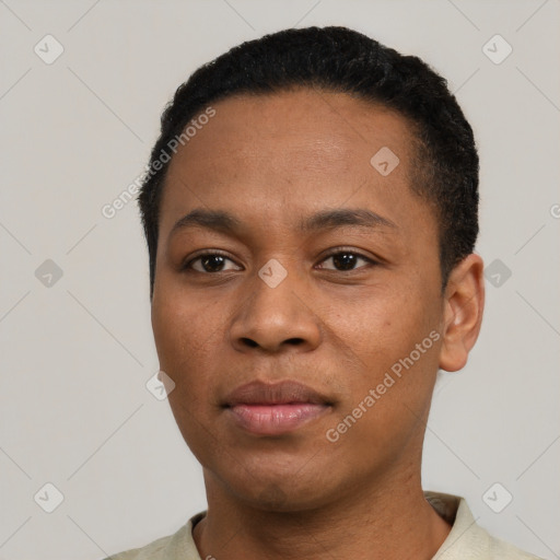 Neutral black young-adult male with short  black hair and brown eyes