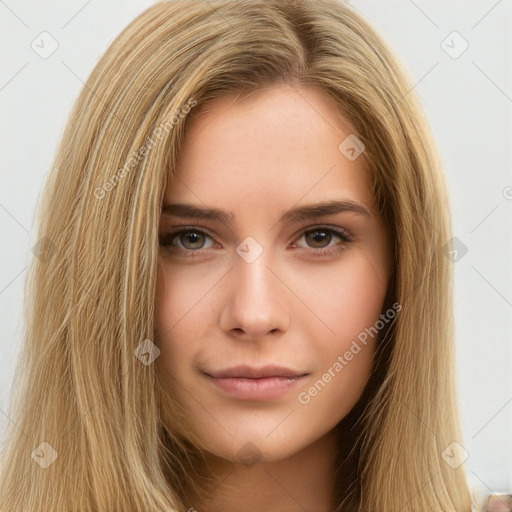 Neutral white young-adult female with long  brown hair and brown eyes