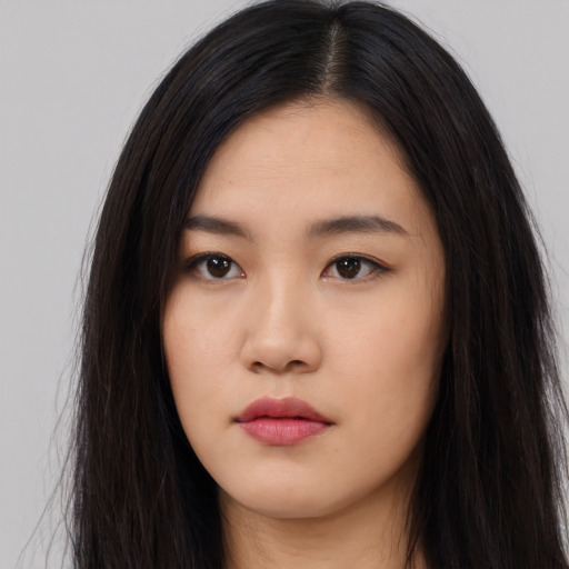 Neutral asian young-adult female with long  black hair and brown eyes
