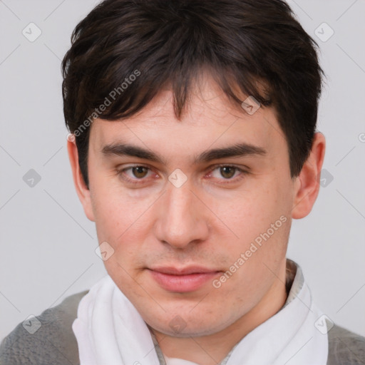 Neutral white young-adult male with short  brown hair and brown eyes