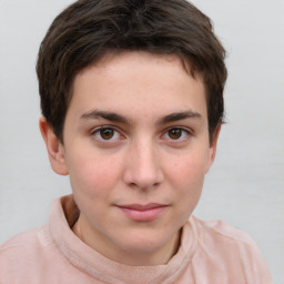 Neutral white young-adult female with short  brown hair and brown eyes