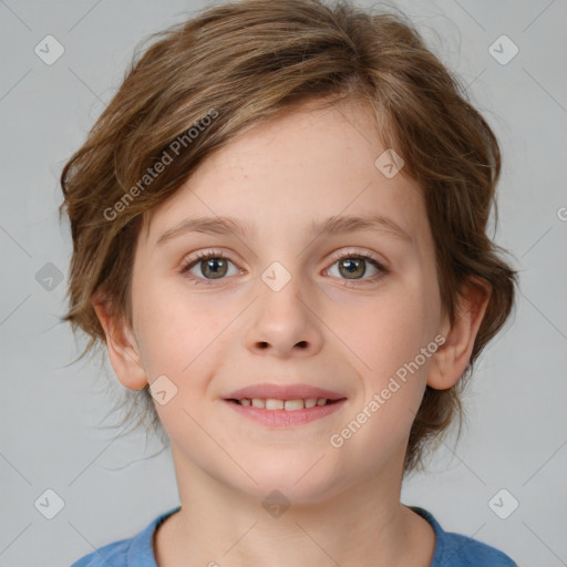 Joyful white child female with medium  brown hair and brown eyes