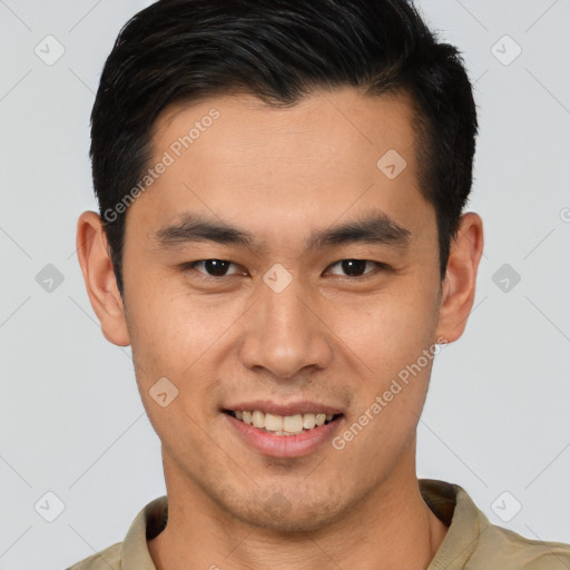 Joyful latino young-adult male with short  brown hair and brown eyes