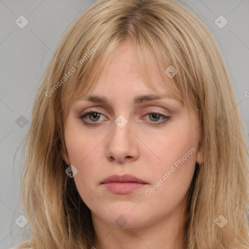 Neutral white young-adult female with long  brown hair and brown eyes