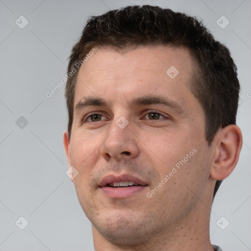 Neutral white young-adult male with short  brown hair and brown eyes