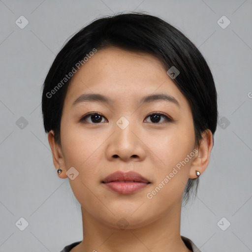 Neutral asian young-adult female with short  black hair and brown eyes