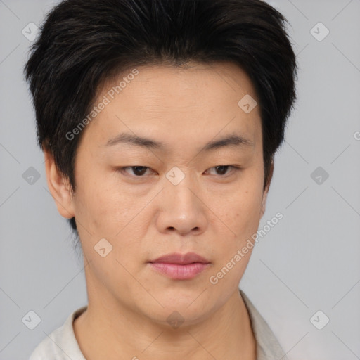 Neutral asian young-adult male with short  brown hair and brown eyes
