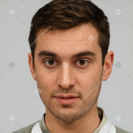 Neutral white young-adult male with short  brown hair and brown eyes