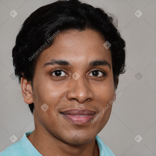 Joyful latino young-adult female with short  brown hair and brown eyes