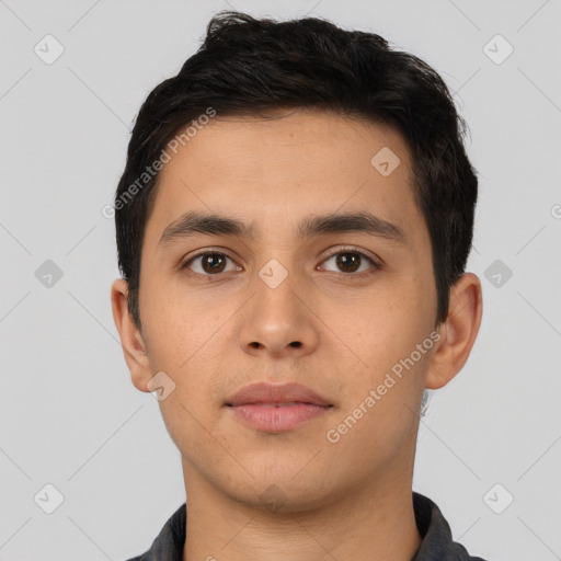 Neutral latino young-adult male with short  black hair and brown eyes